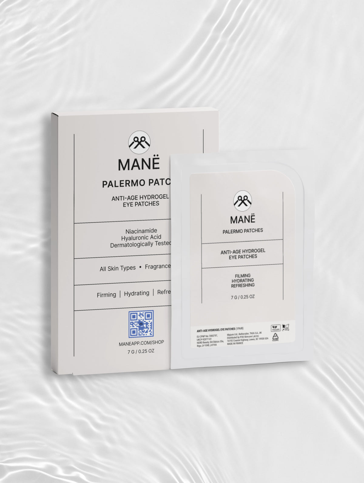 MANË Palermo Patches box and sachet on white fabric