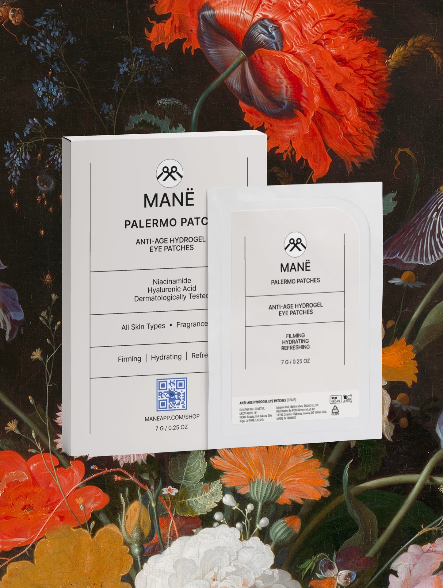 MANË Palermo Patches box and sachet against a floral painting
