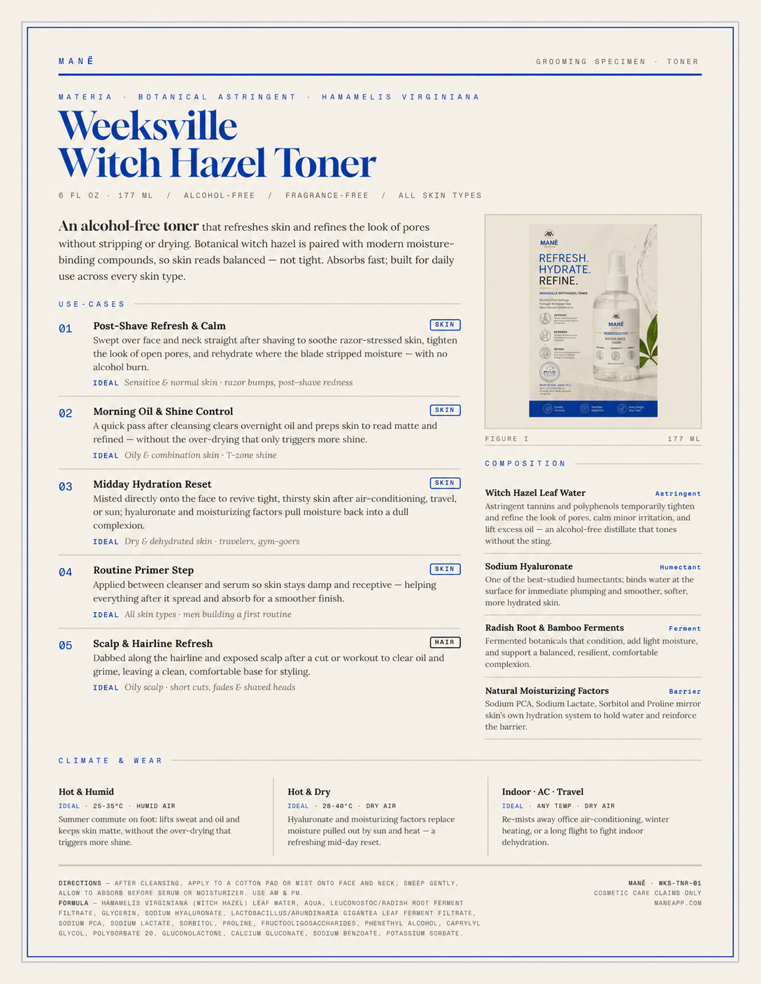 Weeksville Witch Hazel Facial Toner, Alcohol-Free - MANË || Hair & Skin