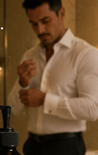 A man in a white dress shirt stands in a bathroom mirror while a bottle of MANE Labadee Body Lotion is prominently displayed in the foreground on a bathroom counter. The image includes the text 'Better First Impressions.
