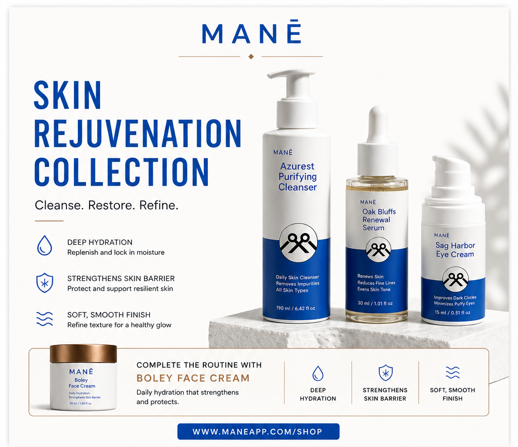 MANË Skin Rejuvenation Collection with skincare products and routine information on a white background.