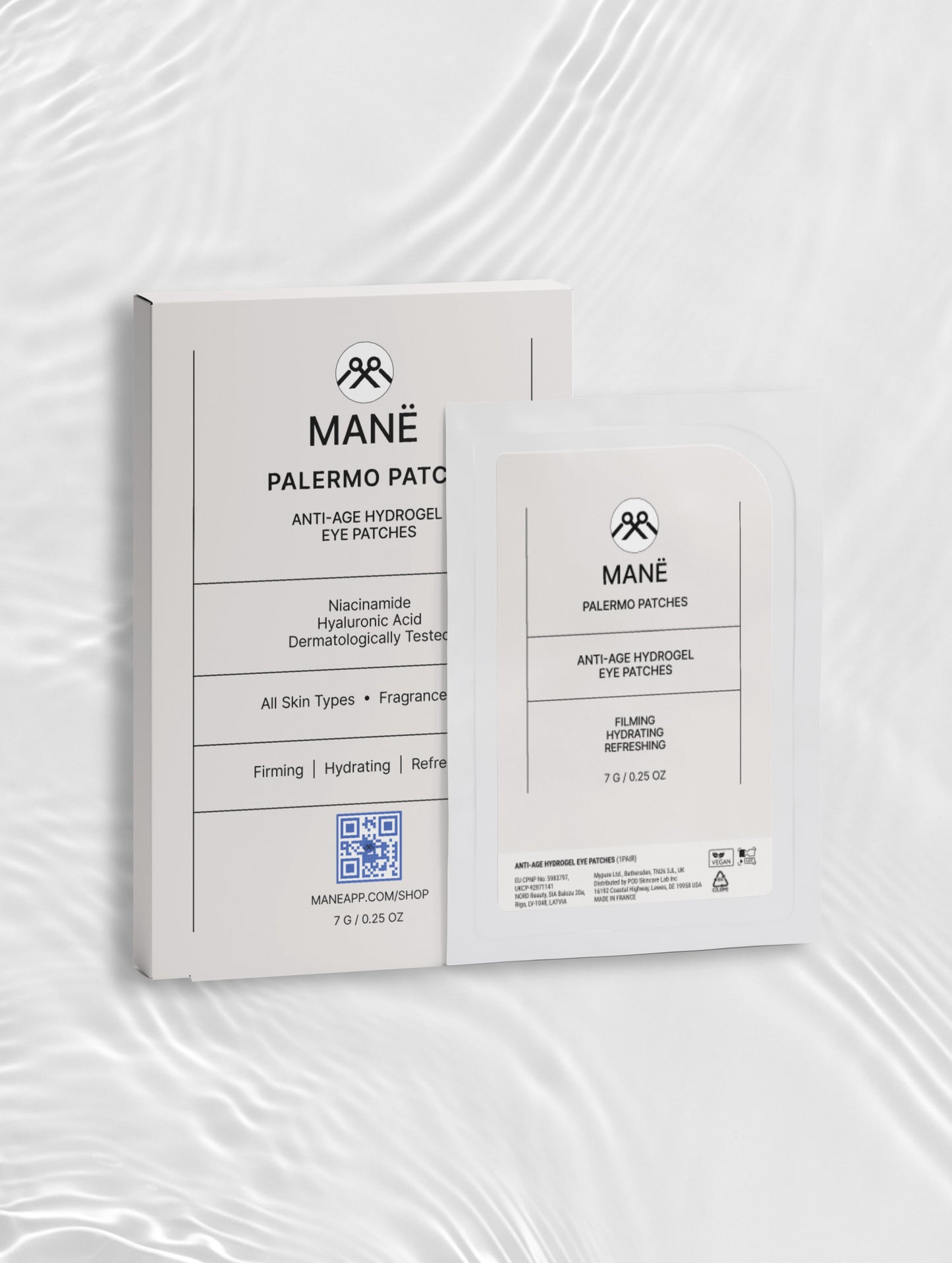 MANË Palermo Patches box and sachet on white fabric