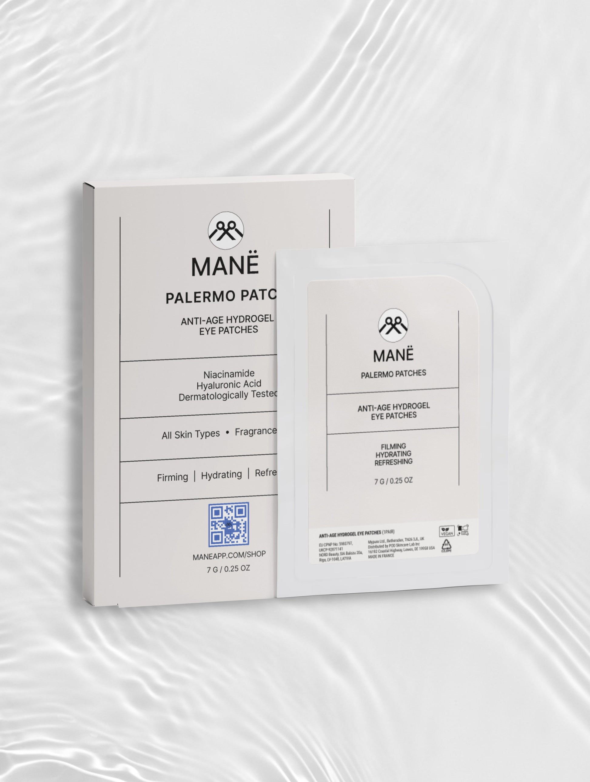 MANË Palermo Patches box and sachet on white fabric