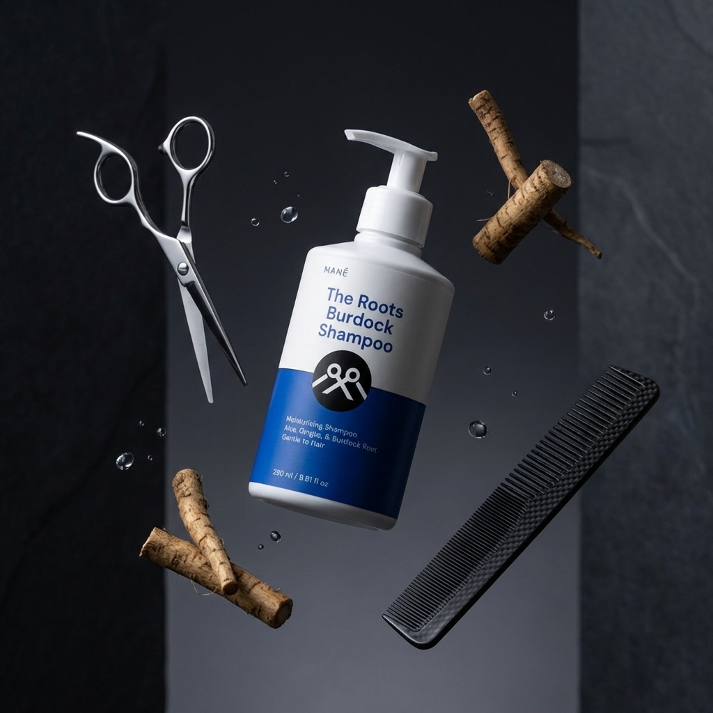 Shampoo bottle with hair care tools on a dark background